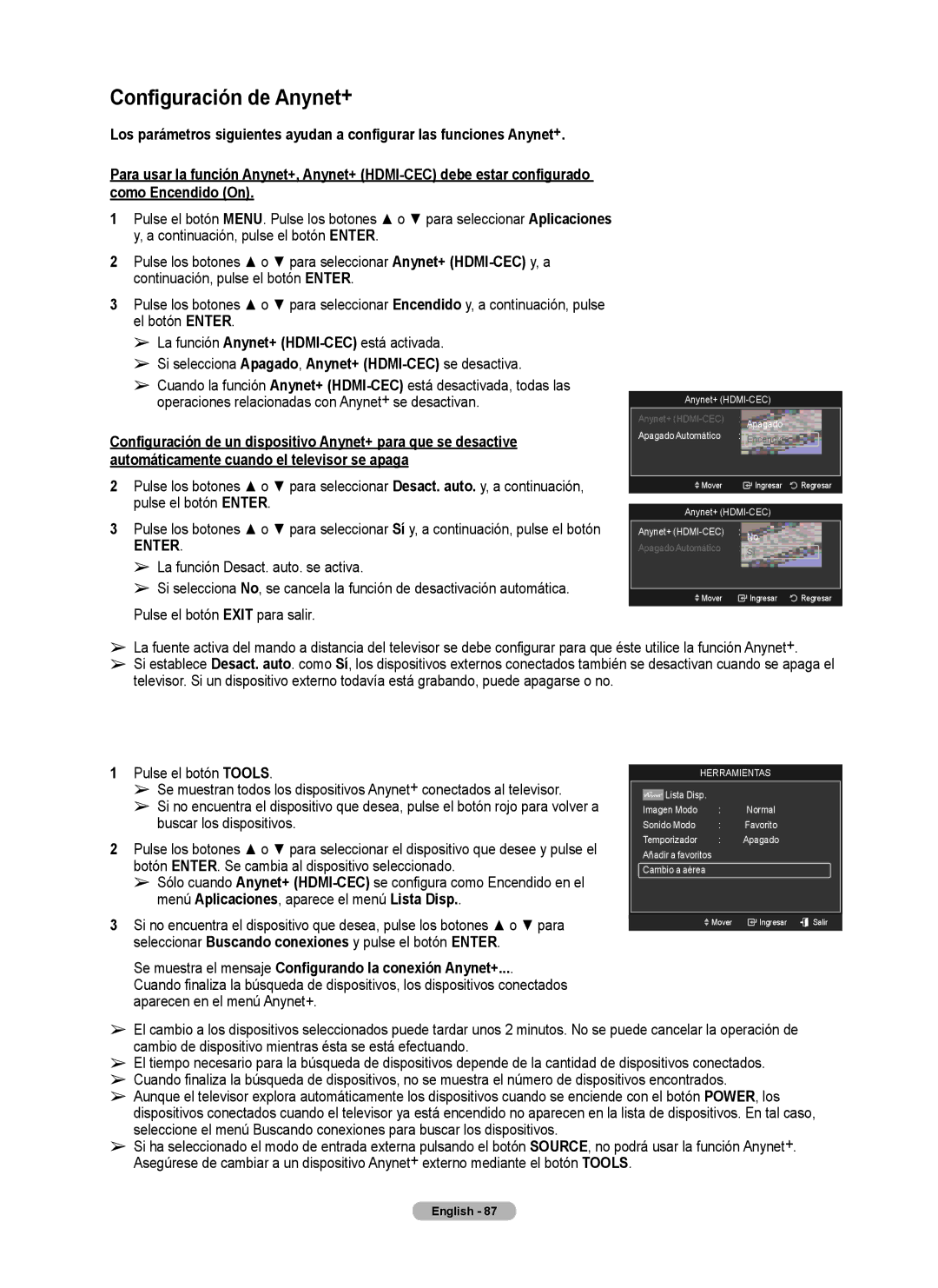 Samsung Series 6 650 Configuración de Anynet+, Se muestra el mensaje Configurando la conexión Anynet+, Anynet+ HDMI-CEC 