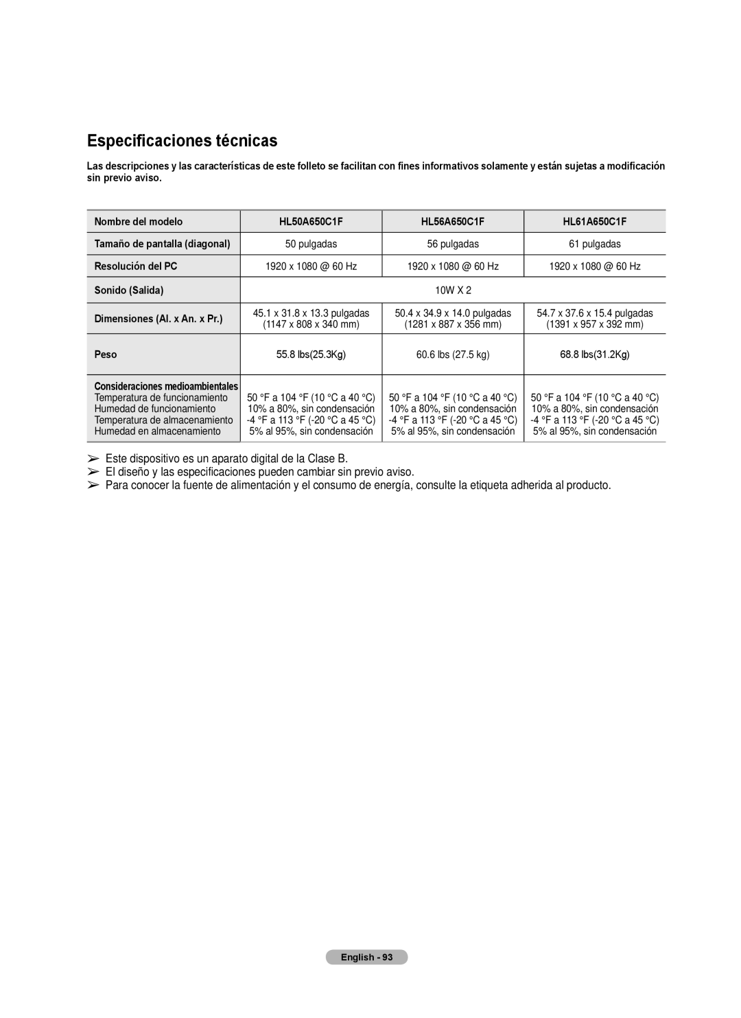 Samsung Series 6 650 user manual Especificaciones técnicas, Resolución del PC, Sonido Salida, Peso 