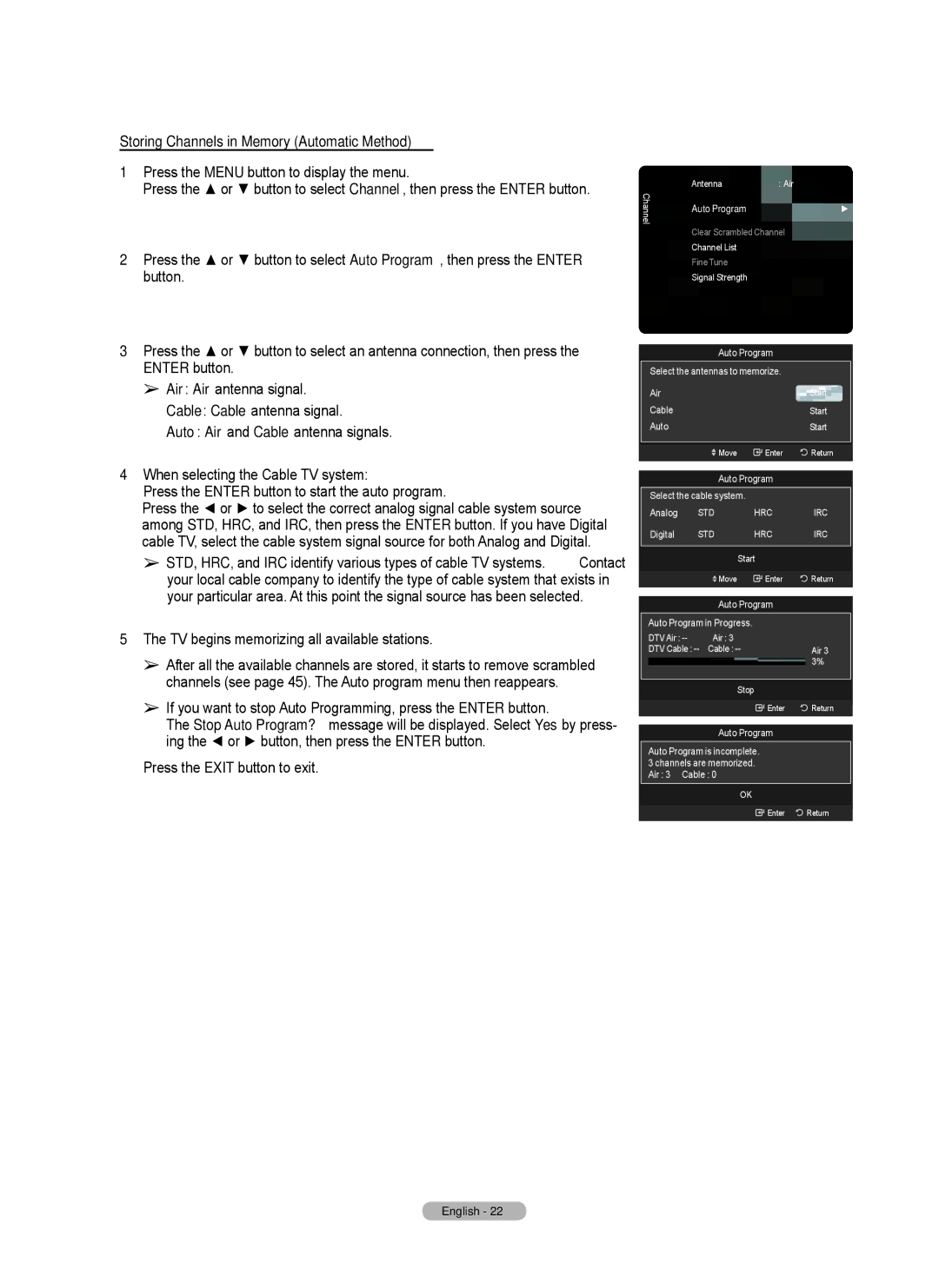 Samsung Series 6 650 user manual Storing Channels in Memory Automatic Method, TV begins memorizing all available stations 