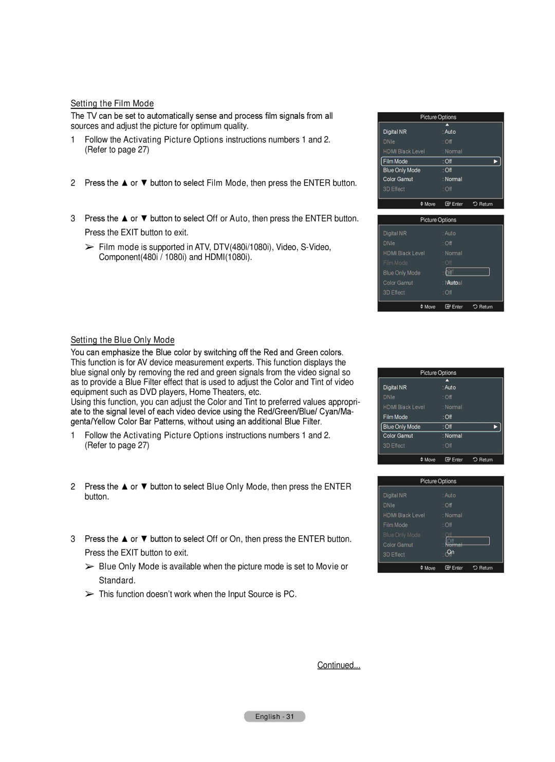 Samsung Series 6 650 user manual Setting the Film Mode, Setting the Blue Only Mode 