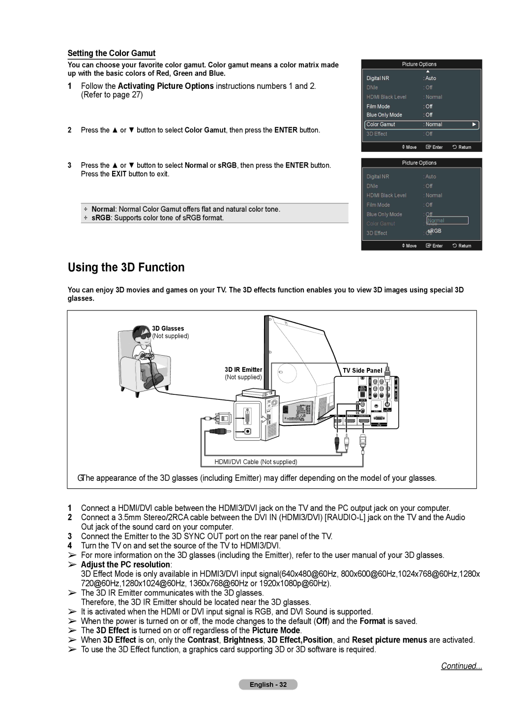 Samsung Series 6 650 user manual Using the 3D Function, Setting the Color Gamut, Adjust the PC resolution 