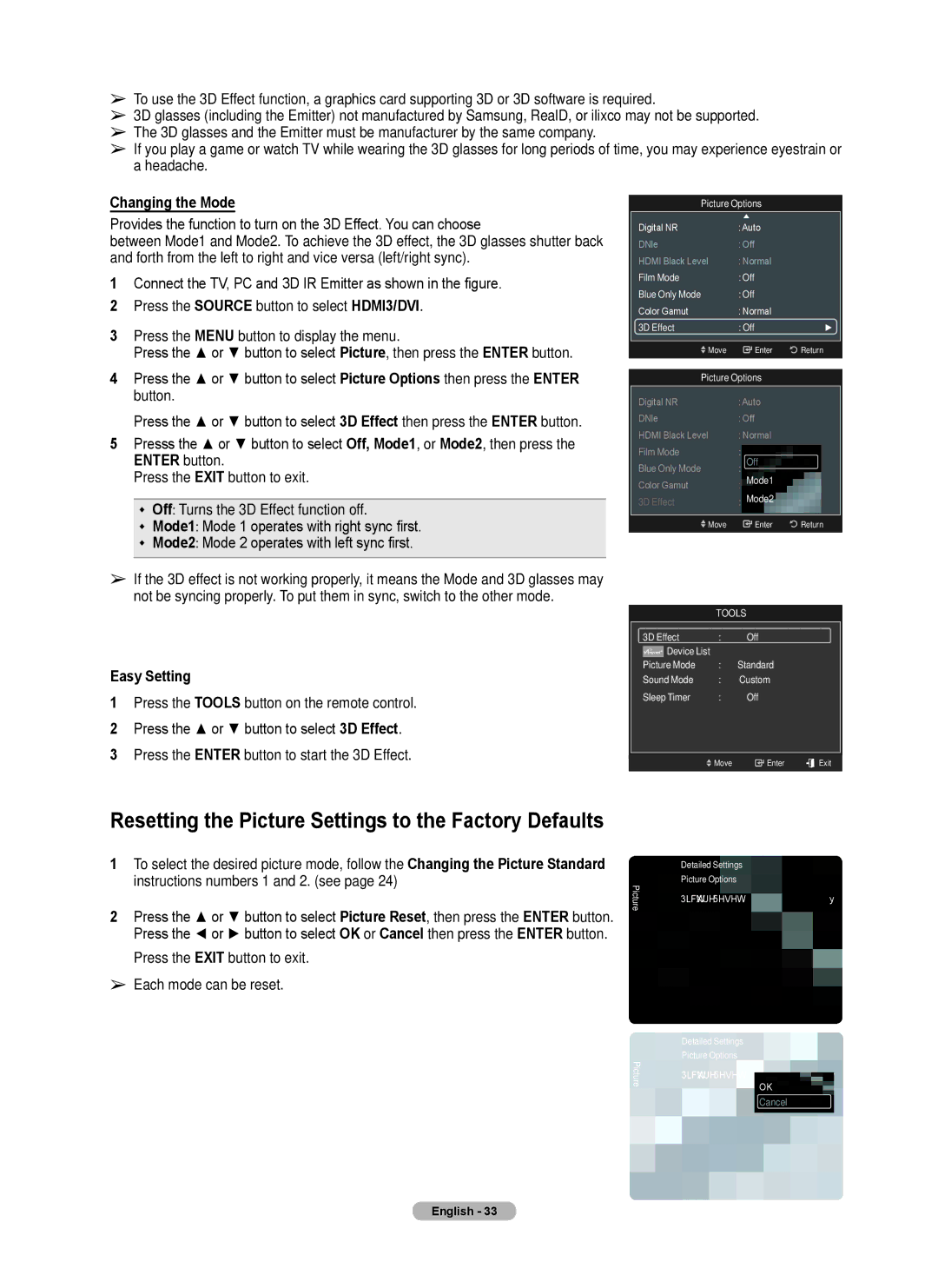 Samsung Series 6 650 user manual Resetting the Picture Settings to the Factory Defaults, Changing the Mode, Picture Reset 