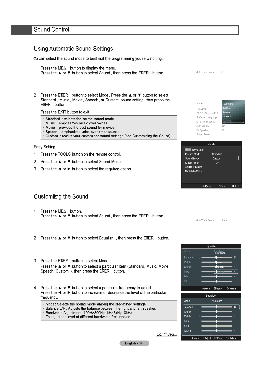 Samsung Series 6 650 user manual Sound Control Using Automatic Sound Settings, Customizing the Sound 