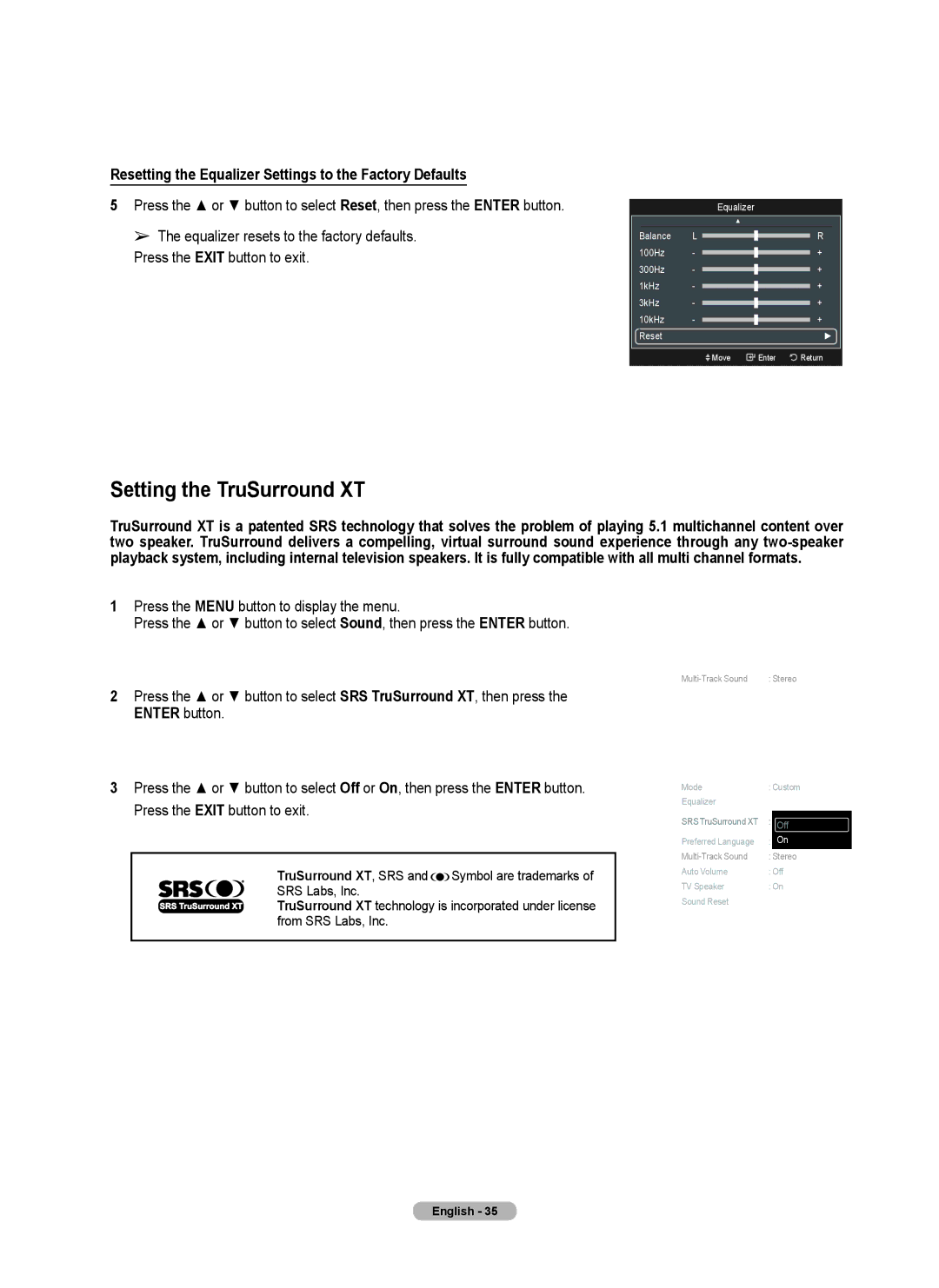 Samsung Series 6 650 Setting the TruSurround XT, Resetting the Equalizer Settings to the Factory Defaults, Enter button 