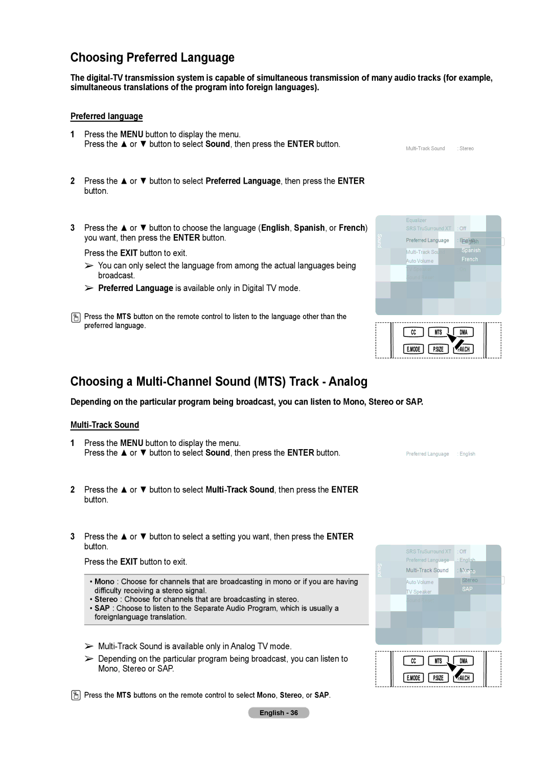 Samsung Series 6 650 user manual Choosing Preferred Language, Choosing a Multi-Channel Sound MTS Track Analog 