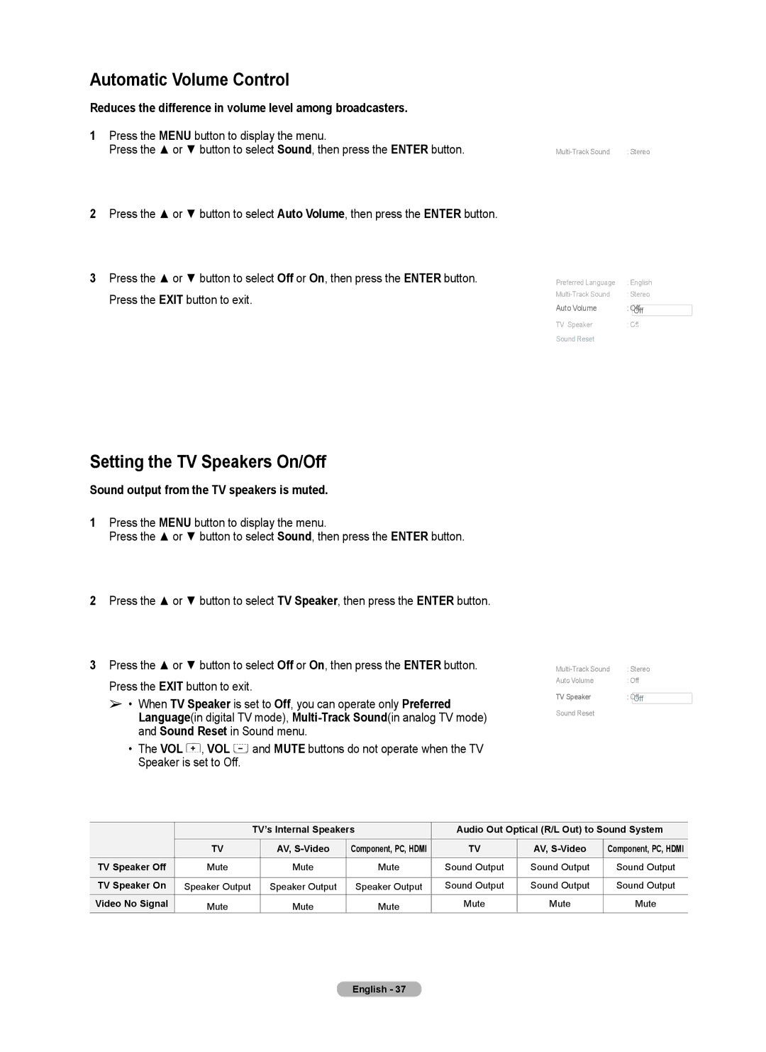 Samsung Series 6 650 user manual Automatic Volume Control, Setting the TV Speakers On/Off, Press the Exit button to exit 