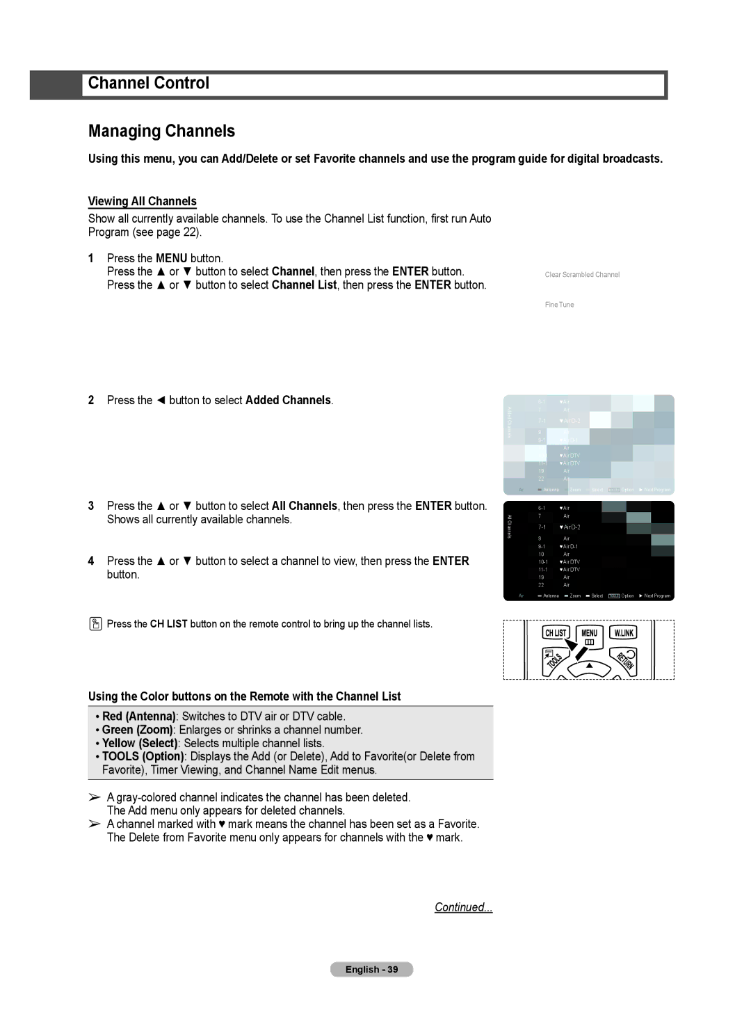 Samsung Series 6 650 user manual Channel Control Managing Channels, Press the button to select Added Channels, Channel List 