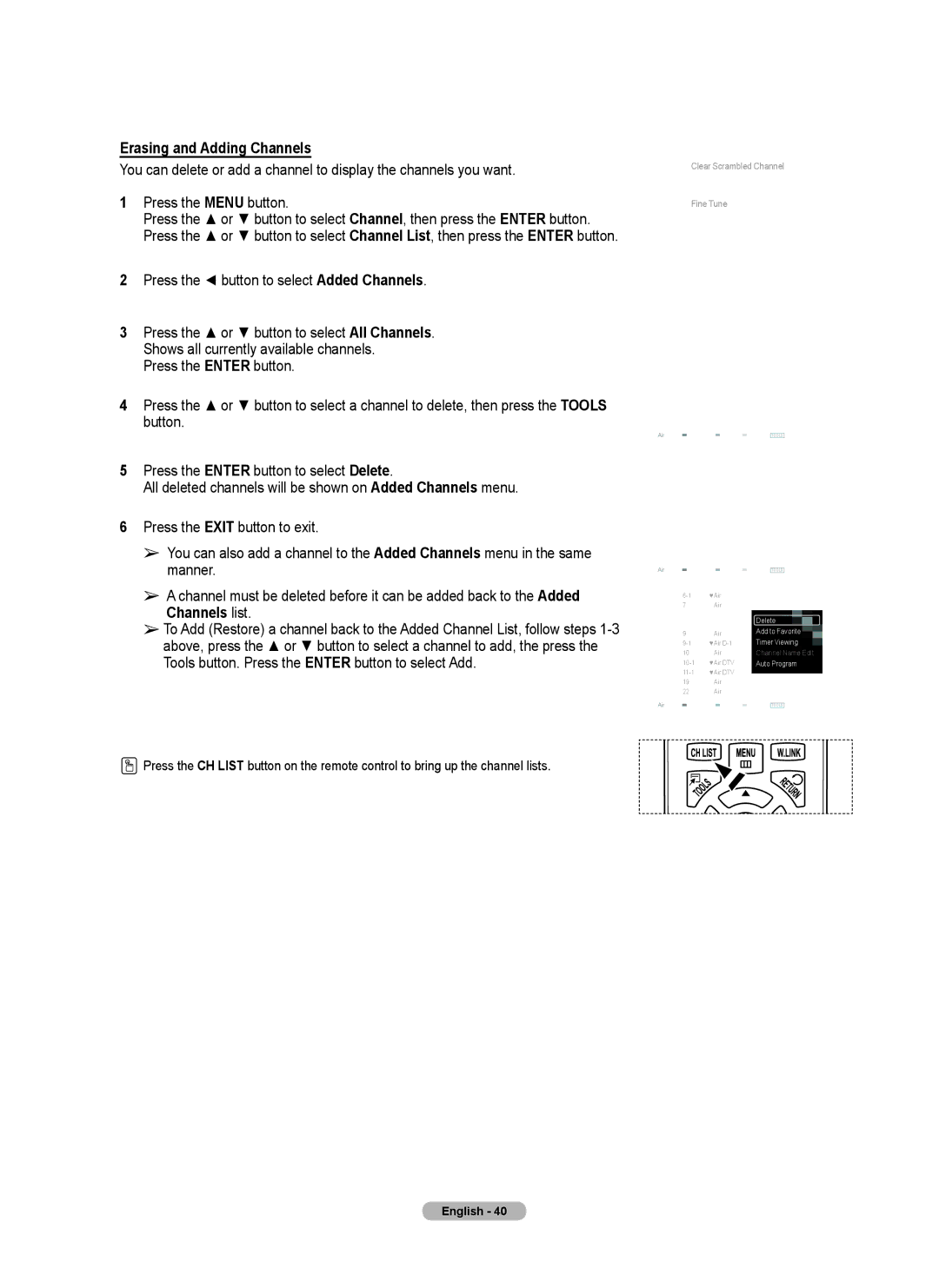 Samsung Series 6 650 user manual Erasing and Adding Channels, Tools button. Press the Enter button to select Add 