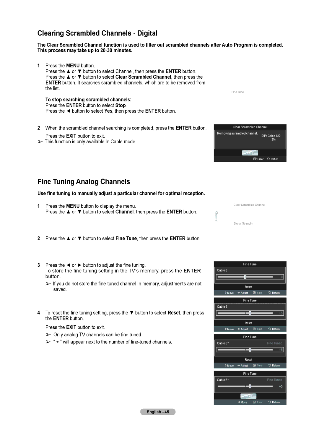 Samsung Series 6 650 Clearing Scrambled Channels Digital, Fine Tuning Analog Channels, Clear Scrambled Channel, Fine Tune 