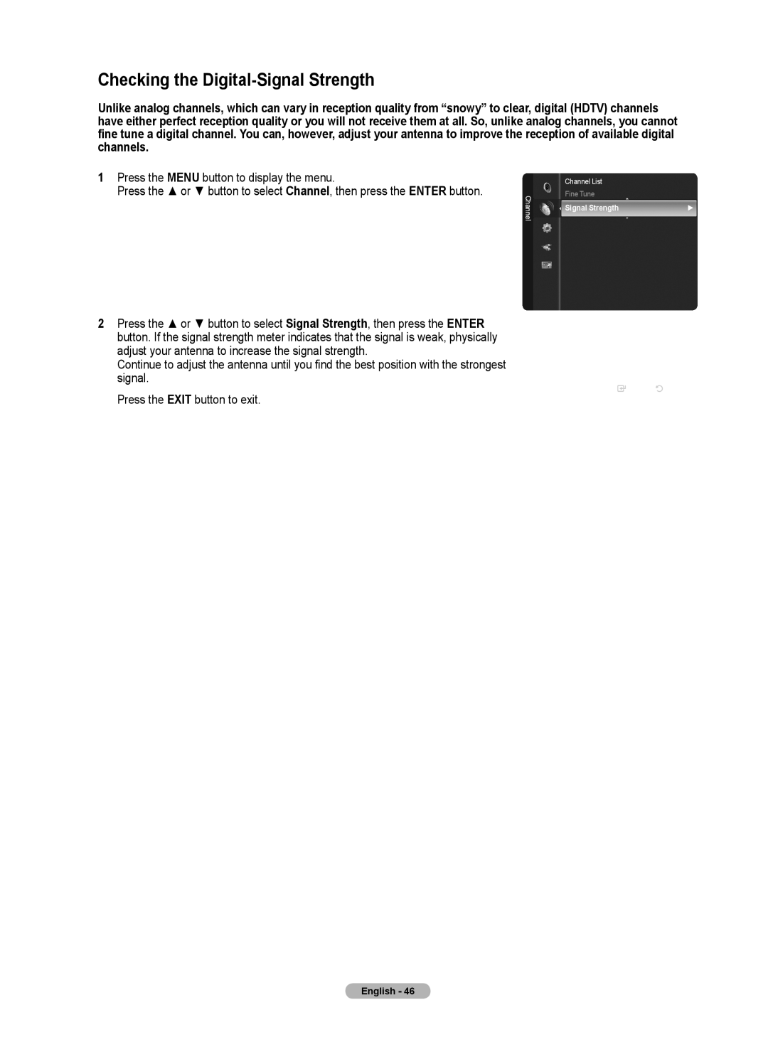 Samsung Series 6 650 user manual Checking the Digital-Signal Strength 