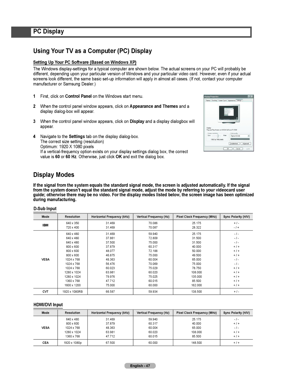 Samsung Series 6 650 user manual PC Display Using Your TV as a Computer PC Display, Display Modes, HDMI/DVI Input 