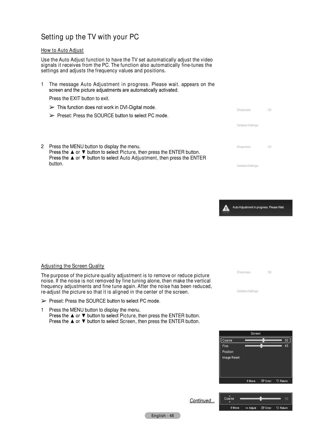 Samsung Series 6 650 Setting up the TV with your PC, How to Auto Adjust, Adjusting the Screen Quality, Mode Standard 