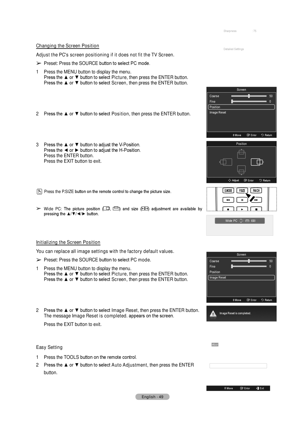 Samsung Series 6 650 user manual Screen Coarse Fine Position Image Reset 