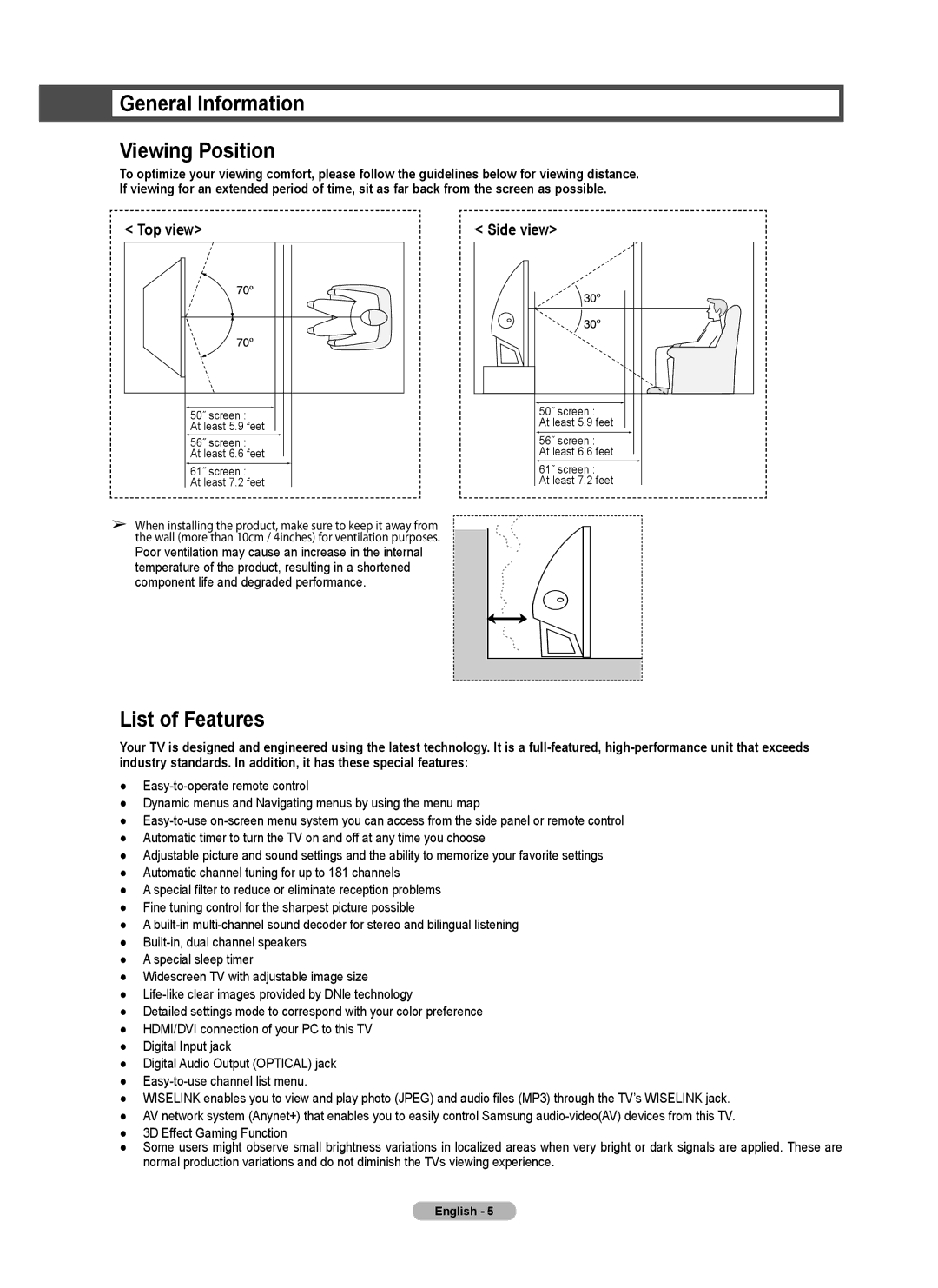 Samsung Series 6 650 user manual General Information Viewing Position, List of Features, Top view, Side view 