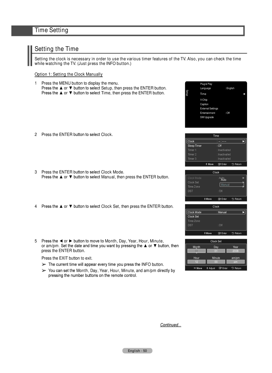 Samsung Series 6 650 user manual Time Setting Setting the Time 