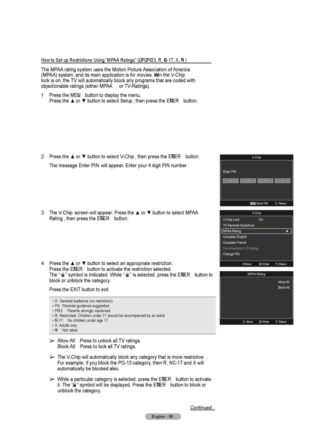 Samsung Series 6 650 user manual Mpaa Rating Allow All Block All 