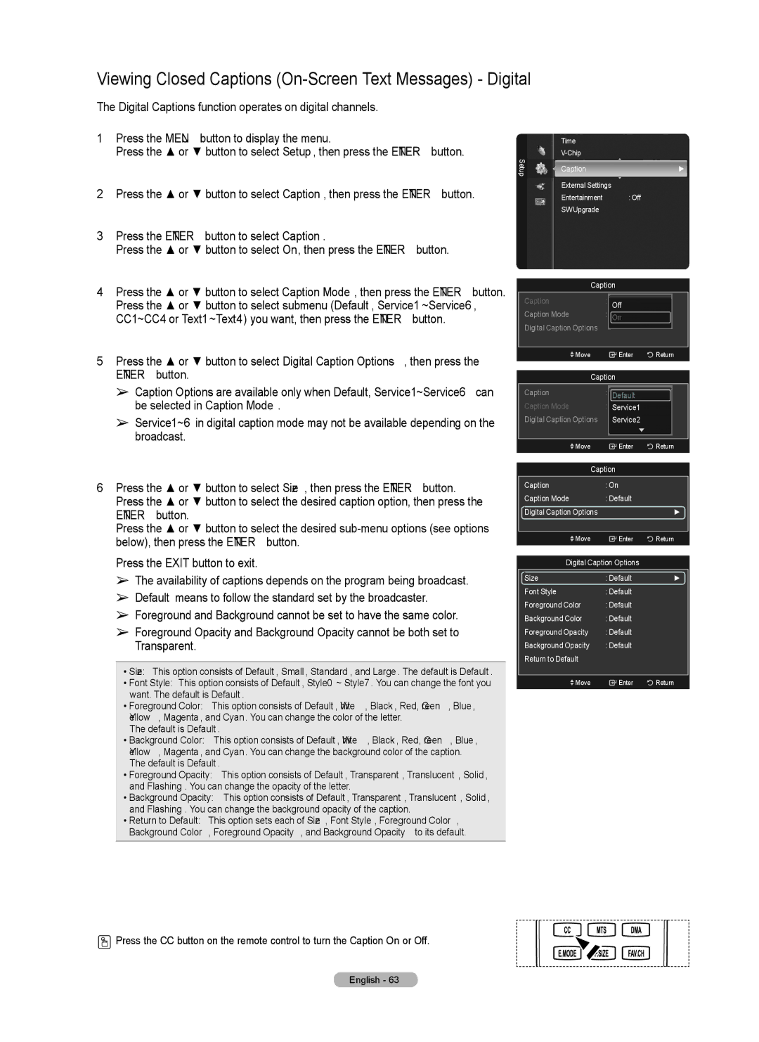 Samsung Series 6 650 Viewing Closed Captions On-Screen Text Messages Digital, Press the Enter button to select Caption 