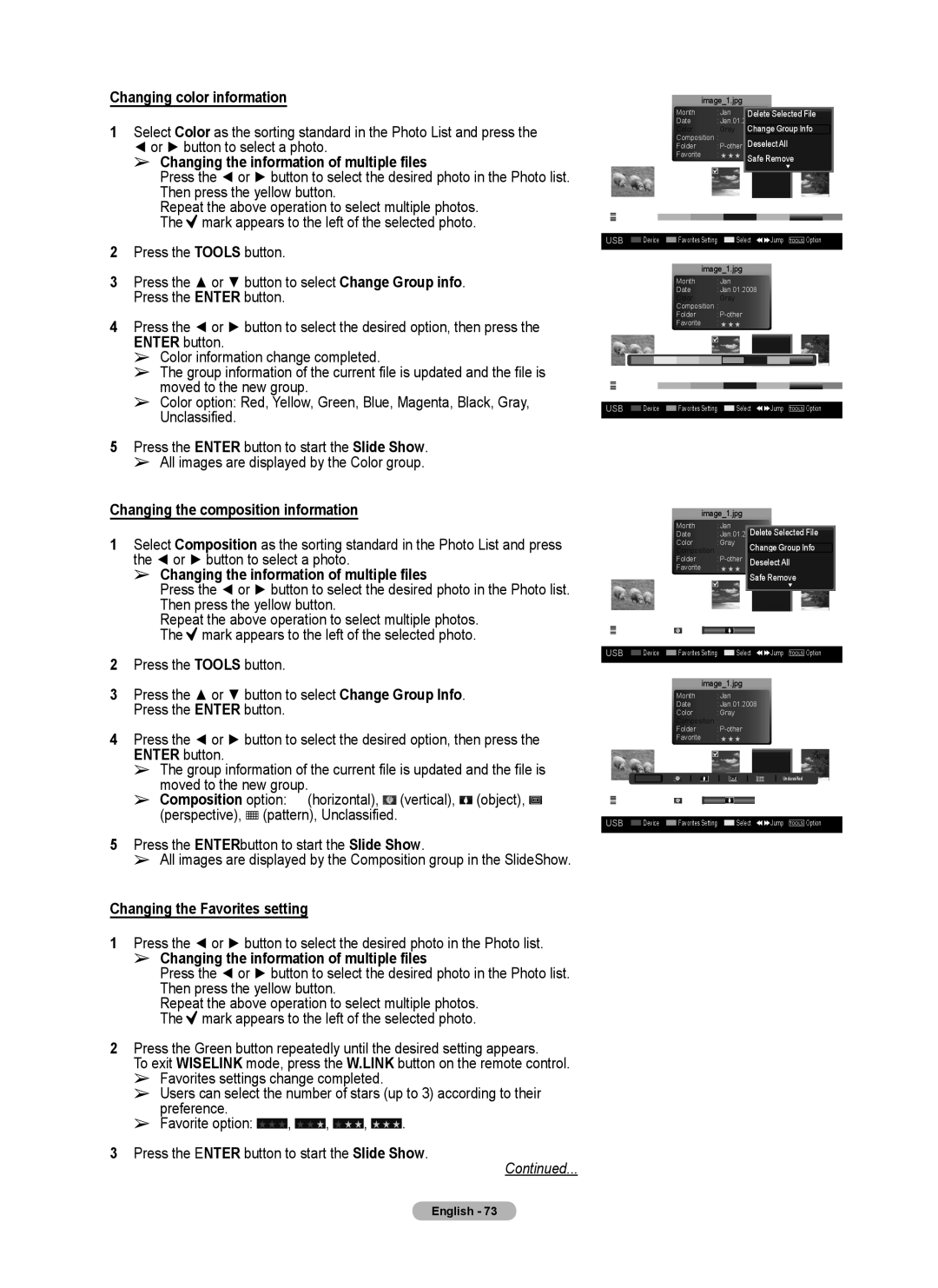 Samsung Series 6 650 Changing color information, Changing the information of multiple files, Then press the yellow button 