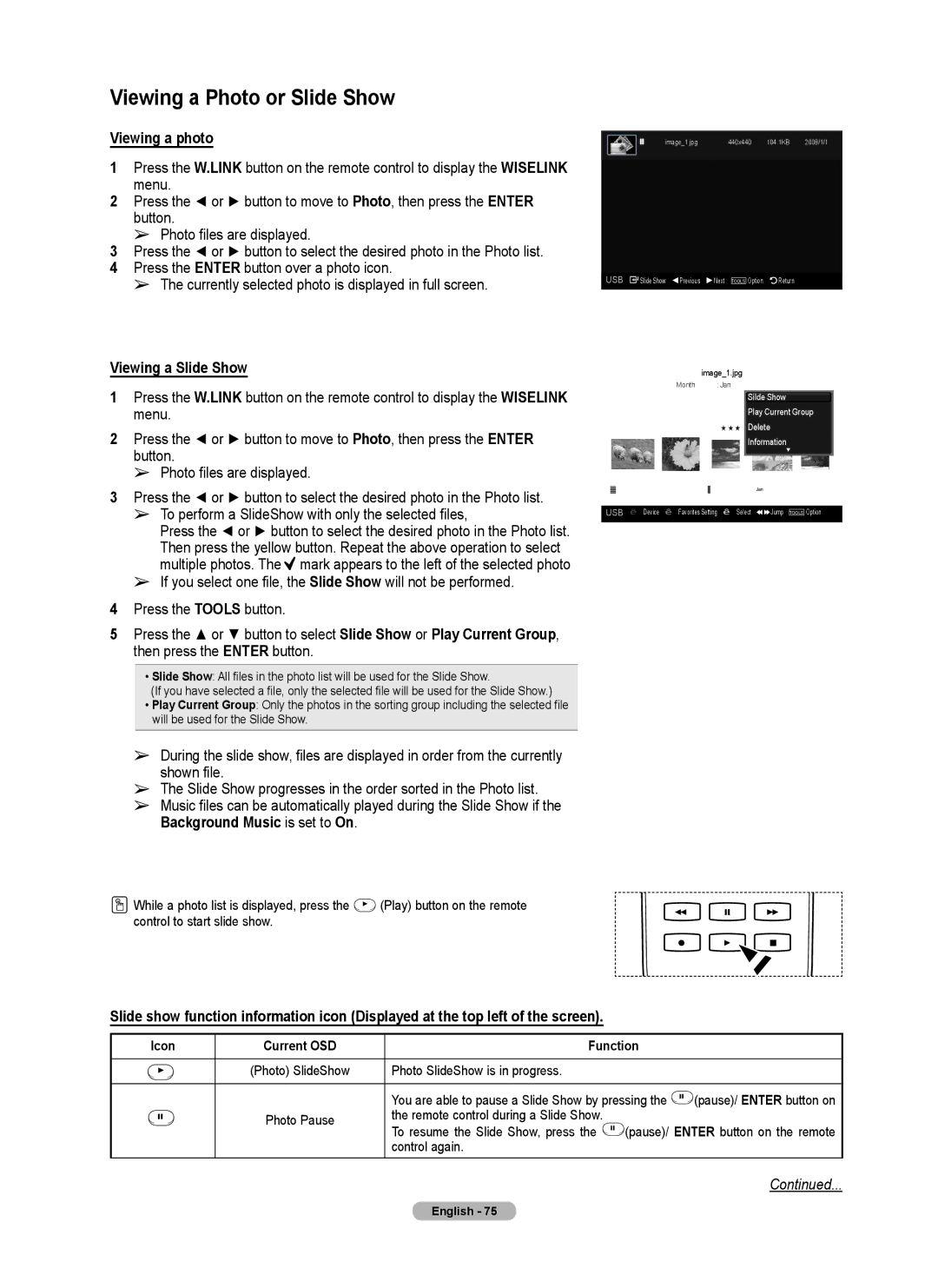 Samsung Series 6 650 Viewing a Photo or Slide Show, Viewing a photo, Viewing a Slide Show, Icon Current OSD Function 