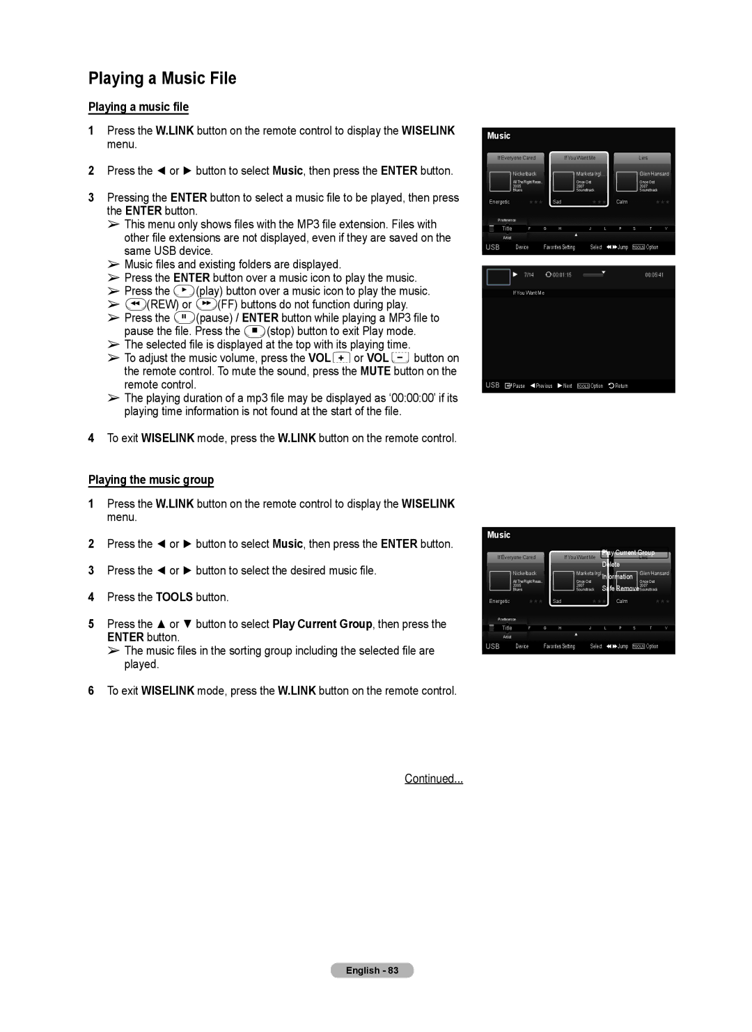 Samsung Series 6 650 user manual Playing a Music File, Playing a music file, Playing the music group 