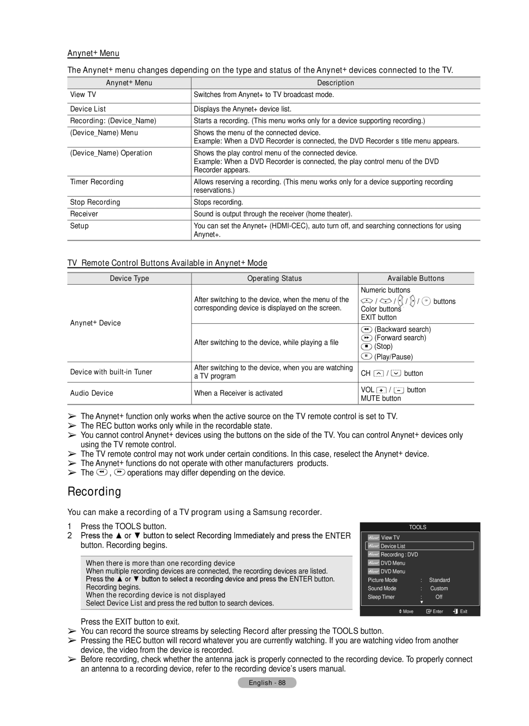 Samsung Series 6 650 user manual Recording, TV Remote Control Buttons Available in Anynet+ Mode 