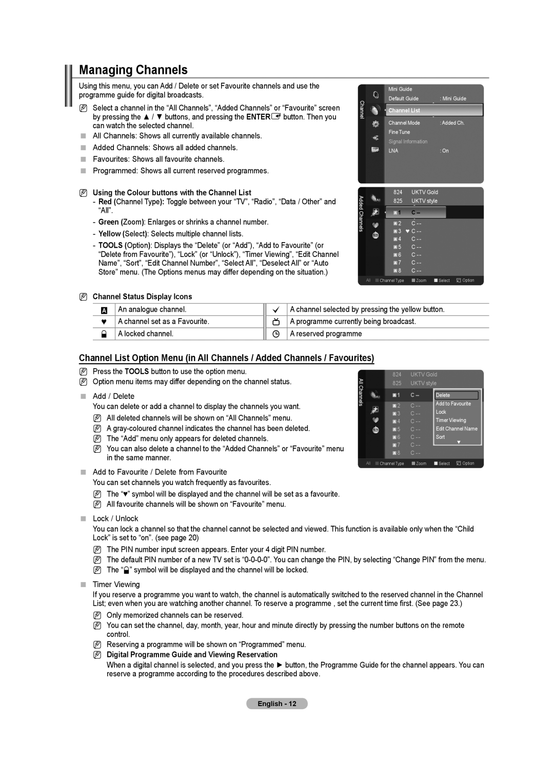 Samsung Series 7 Managing Channels, Using the Colour buttons with the Channel List, Channel Status Display Icons 