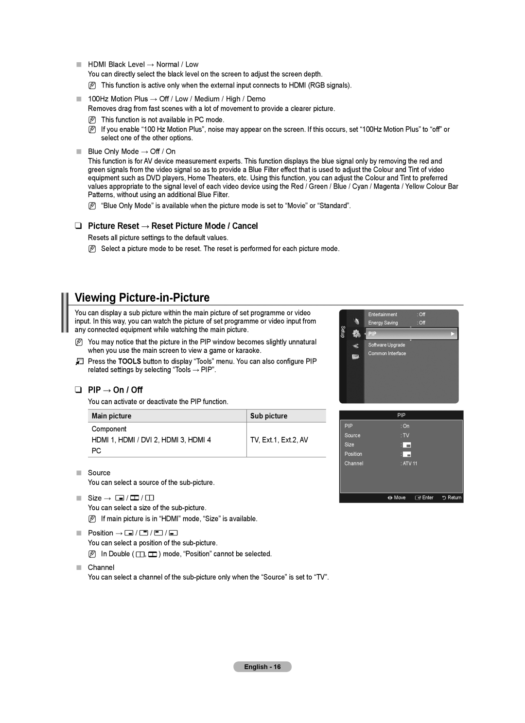 Samsung Series 7 user manual Viewing Picture-in-Picture, Picture Reset → Reset Picture Mode / Cancel, PIP → On / Off 