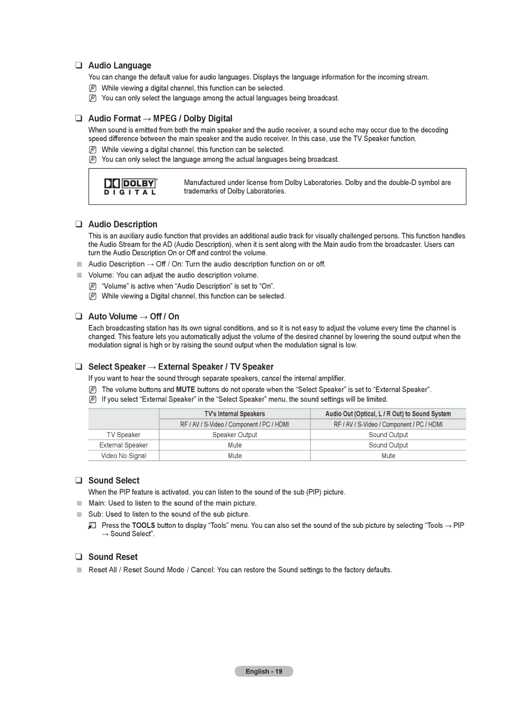 Samsung Series 7 user manual Audio Language, Audio Format → Mpeg / Dolby Digital, Audio Description, Auto Volume → Off / On 