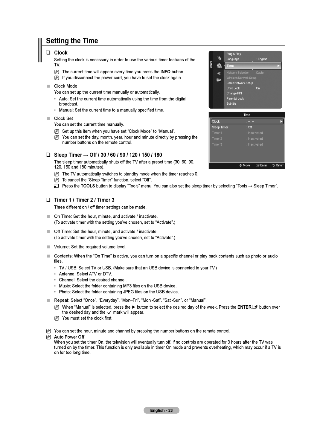 Samsung Series 7 Setting the Time, Clock, Sleep Timer → Off / 30 / 60 / 90 / 120 / 150, Timer 1 / Timer 2 / Timer 