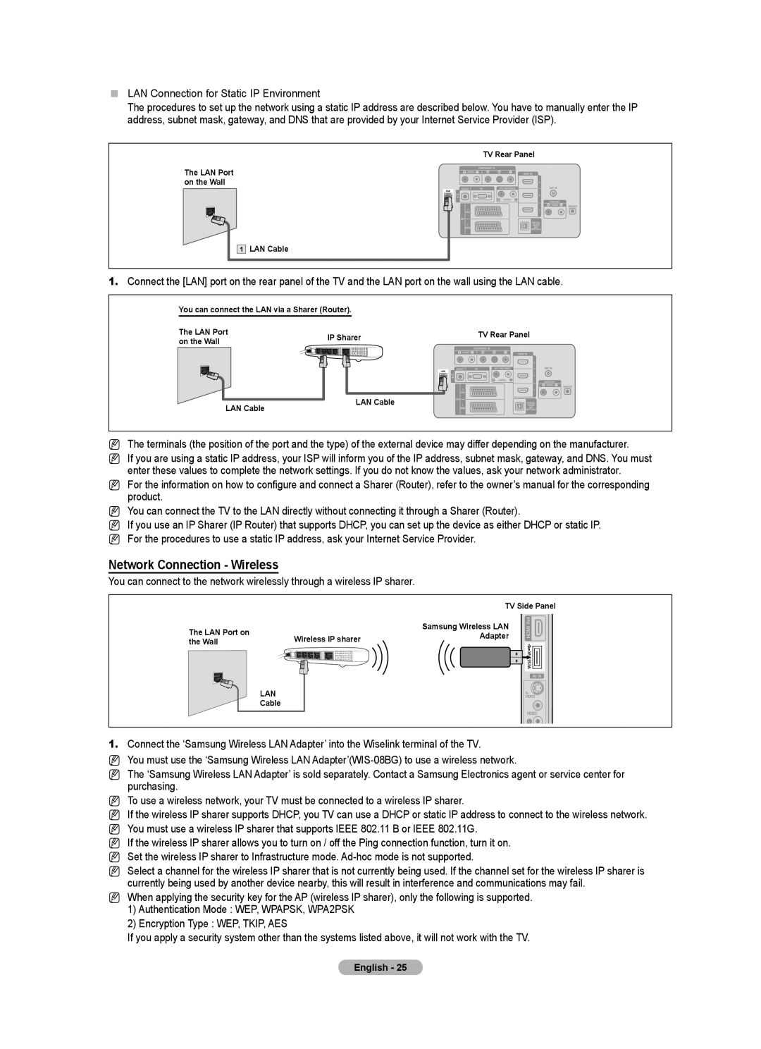 Samsung Series 7 user manual Network Connection Wireless,  LAN Connection for Static IP Environment 