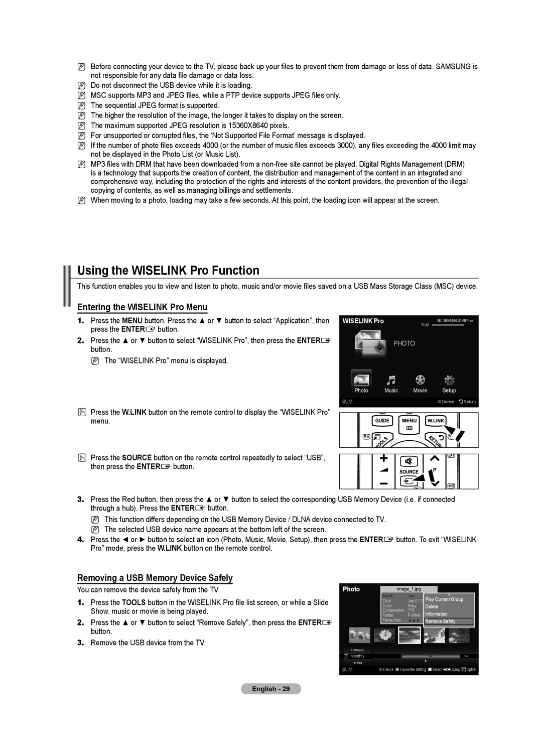 Samsung Series 7 Using the Wiselink Pro Function, Entering the Wiselink Pro Menu, Removing a USB Memory Device Safely 