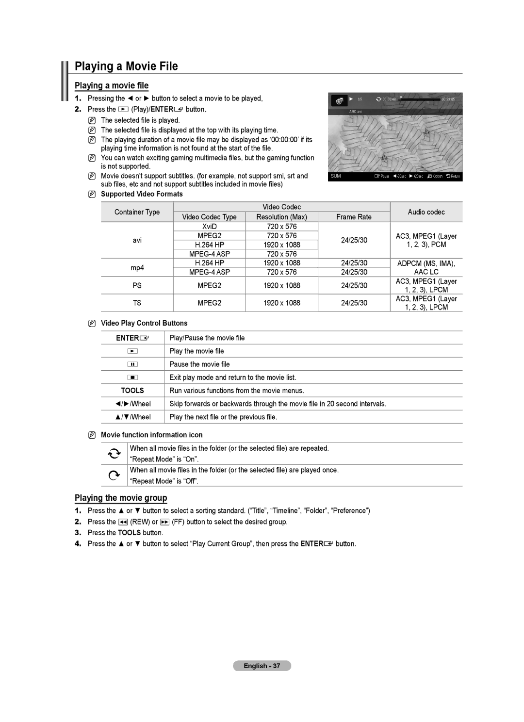 Samsung Series 7 user manual Playing a Movie File, Playing a movie ﬁ le, Playing the movie group 