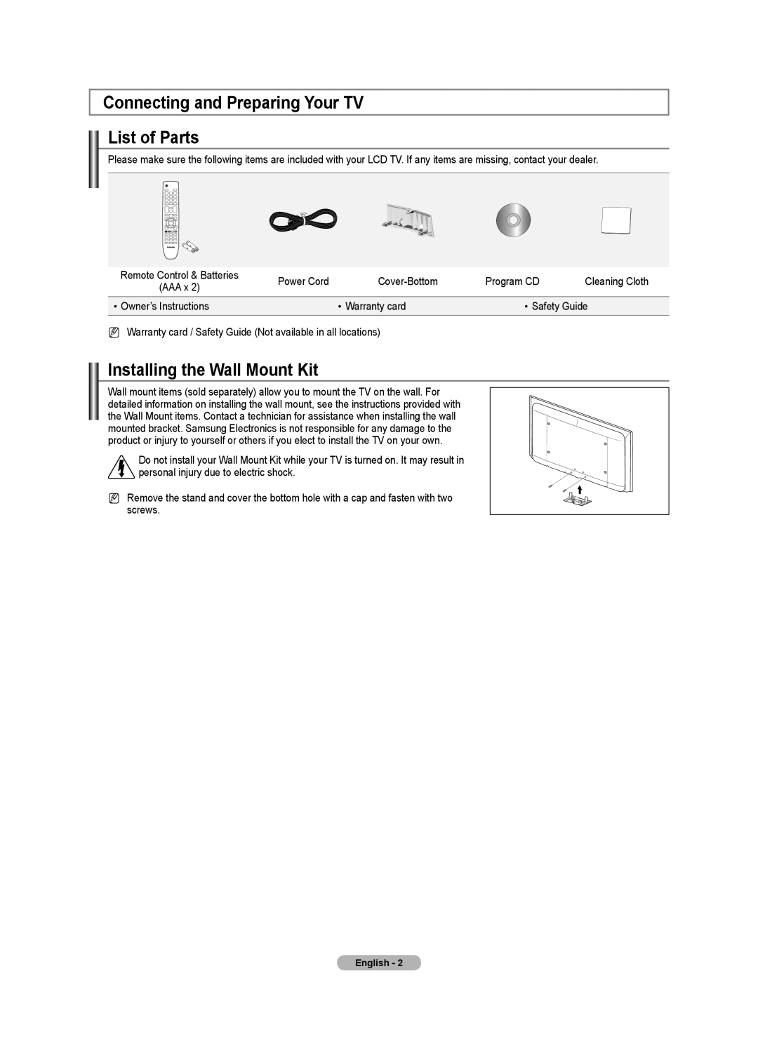 Samsung Series 7 user manual Connecting and Preparing Your TV List of Parts, Installing the Wall Mount Kit 