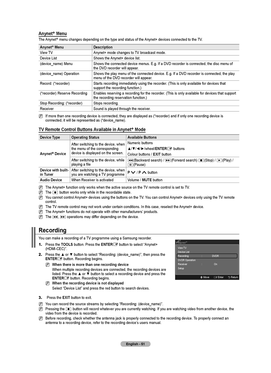 Samsung Series 7 user manual Recording, Anynet+ Menu, TV Remote Control Buttons Available in Anynet+ Mode 