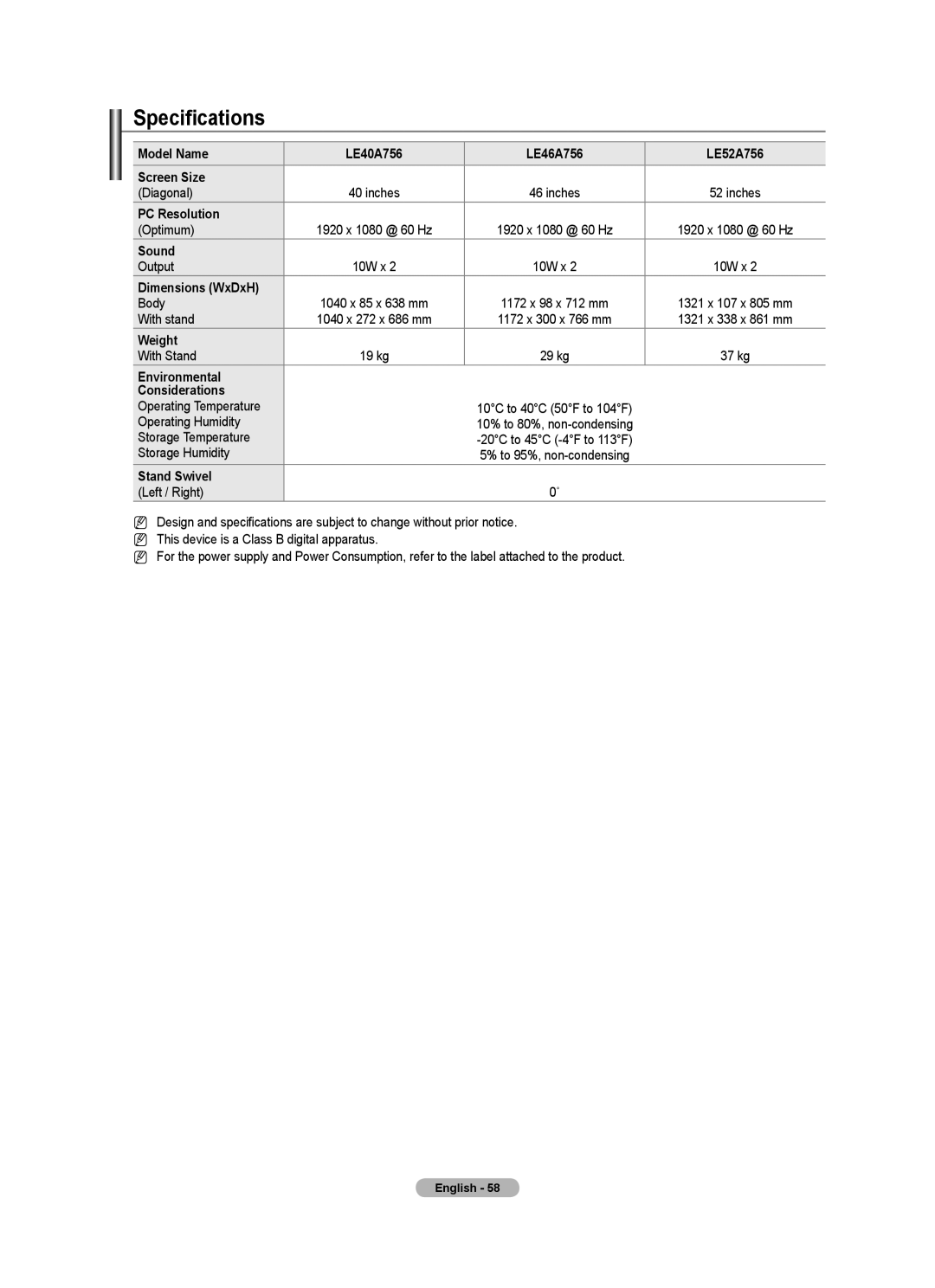 Samsung Series 7 user manual Specifications 