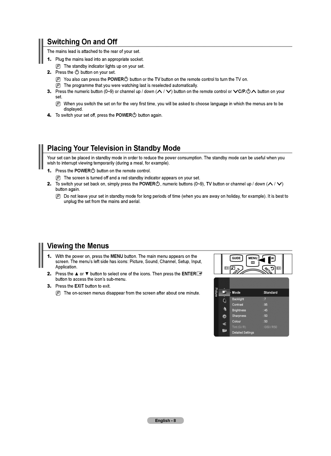 Samsung Series 8 user manual Switching On and Off, Placing Your Television in Standby Mode, Viewing the Menus, ModeStandard 