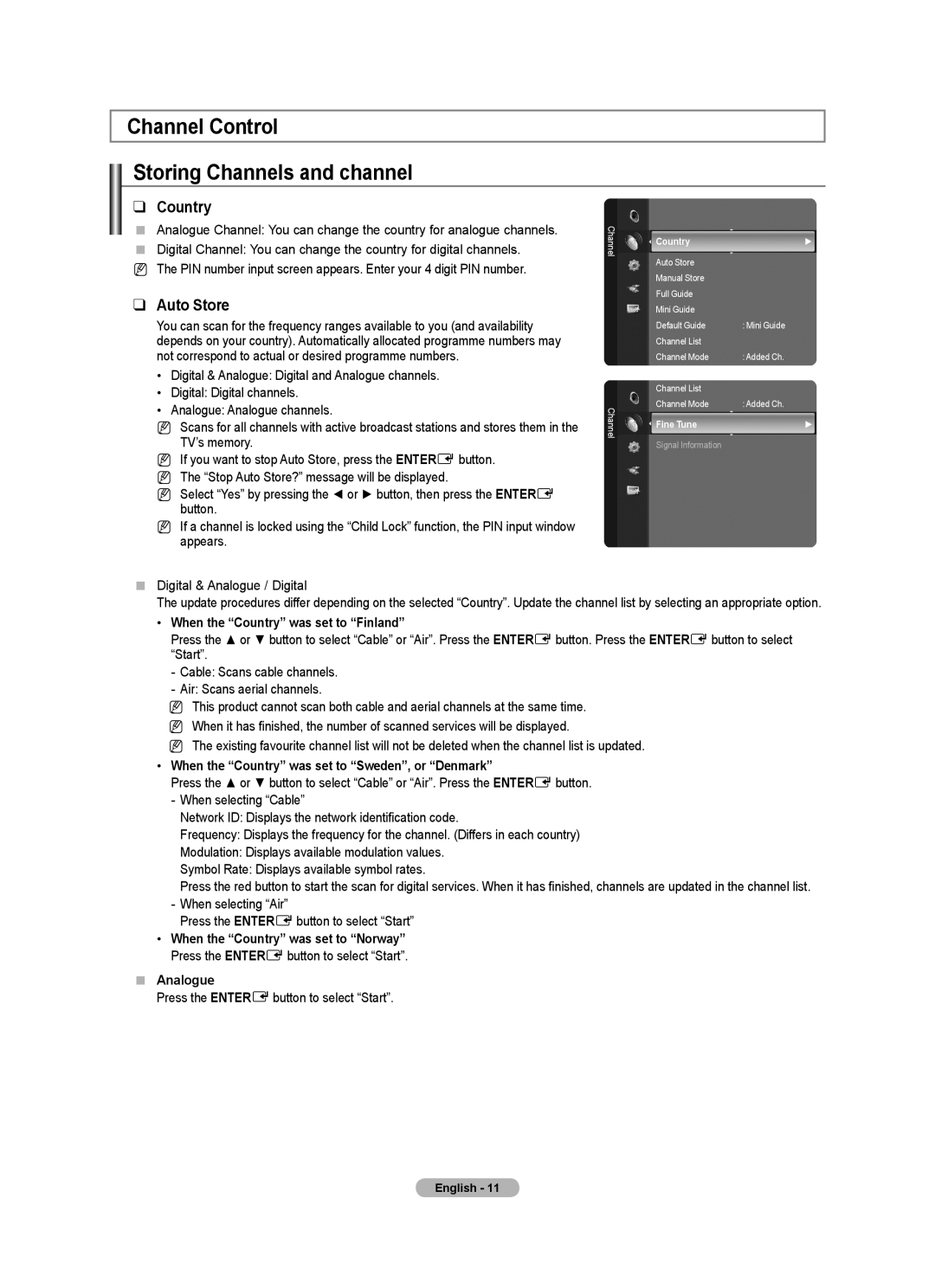 Samsung Series 8 user manual Channel Control Storing Channels and channel, Country, Auto Store 