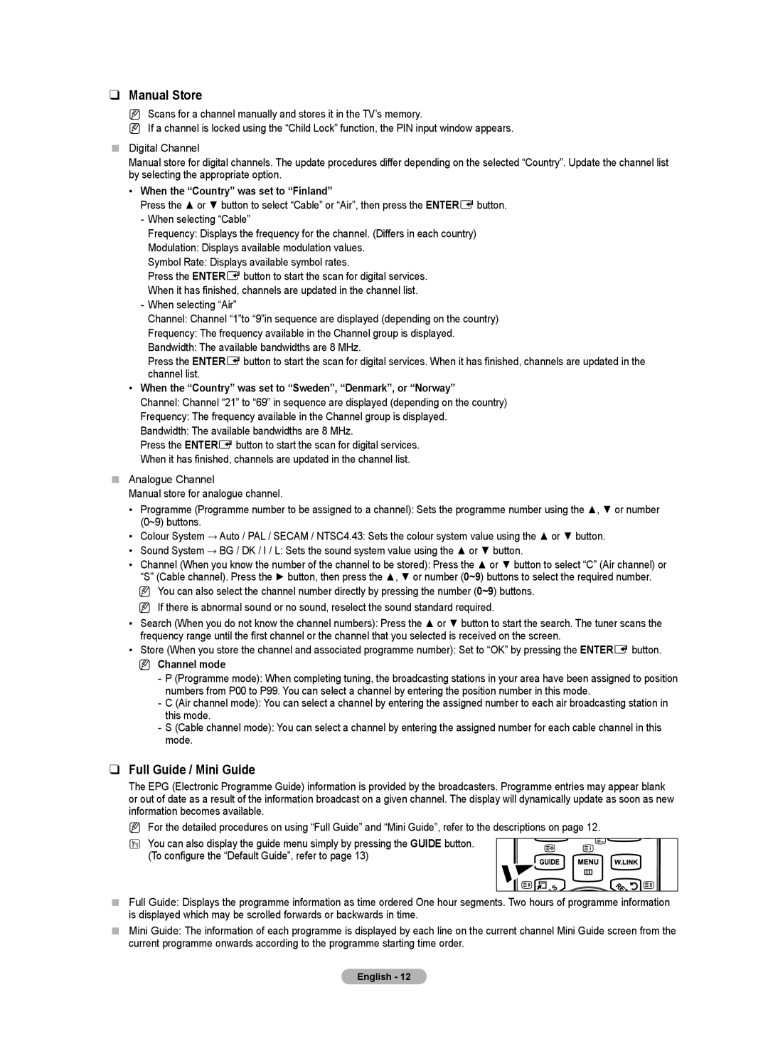 Samsung Series 8 user manual Manual Store, Full Guide / Mini Guide, When the Country was set to Sweden, Denmark, or Norway 