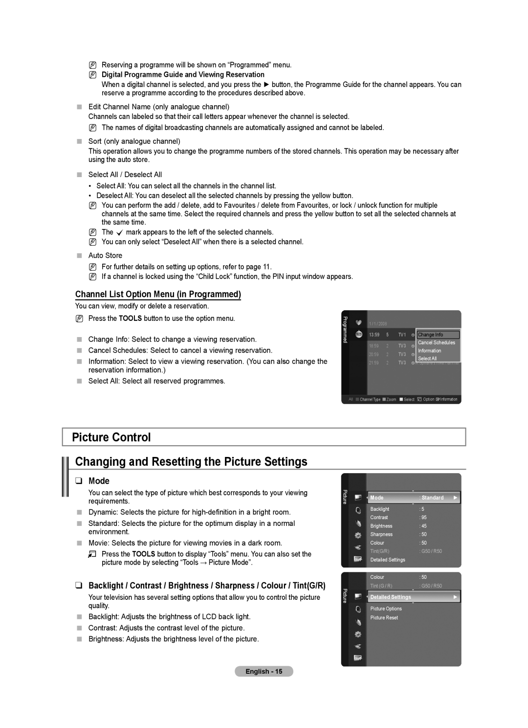 Samsung Series 8 Picture Control Changing and Resetting the Picture Settings, Channel List Option Menu in Programmed, Mode 