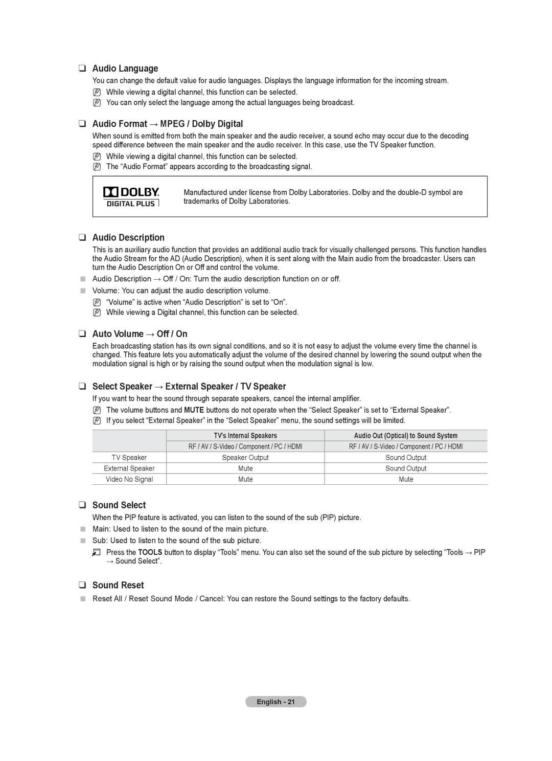 Samsung Series 8 user manual Audio Language, Audio Format → Mpeg / Dolby Digital, Audio Description, Auto Volume → Off / On 