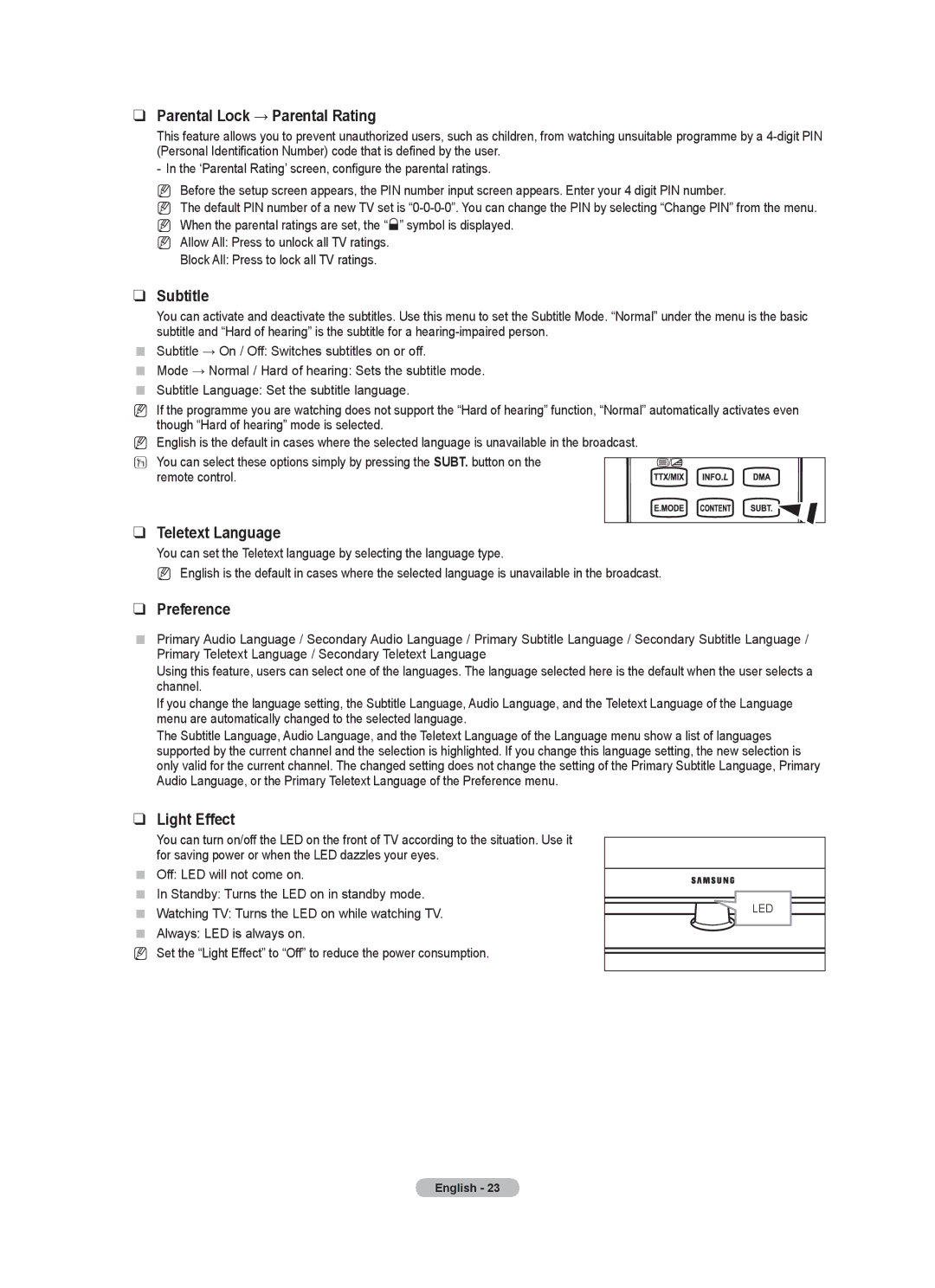 Samsung Series 8 user manual Parental Lock → Parental Rating, Subtitle, Teletext Language, Preference, Light Effect 