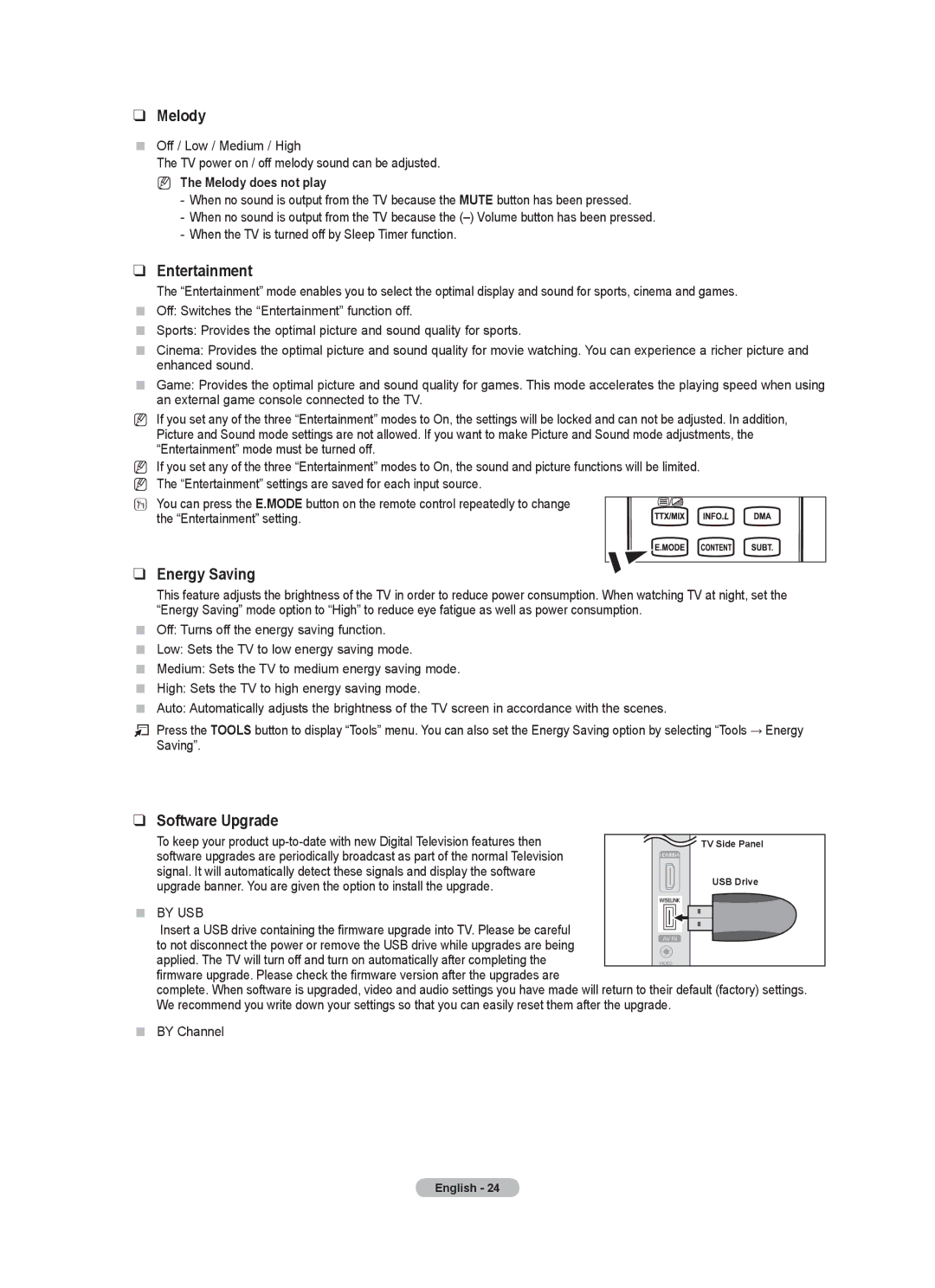 Samsung Series 8 user manual Entertainment, Energy Saving, Software Upgrade, Melody does not play 