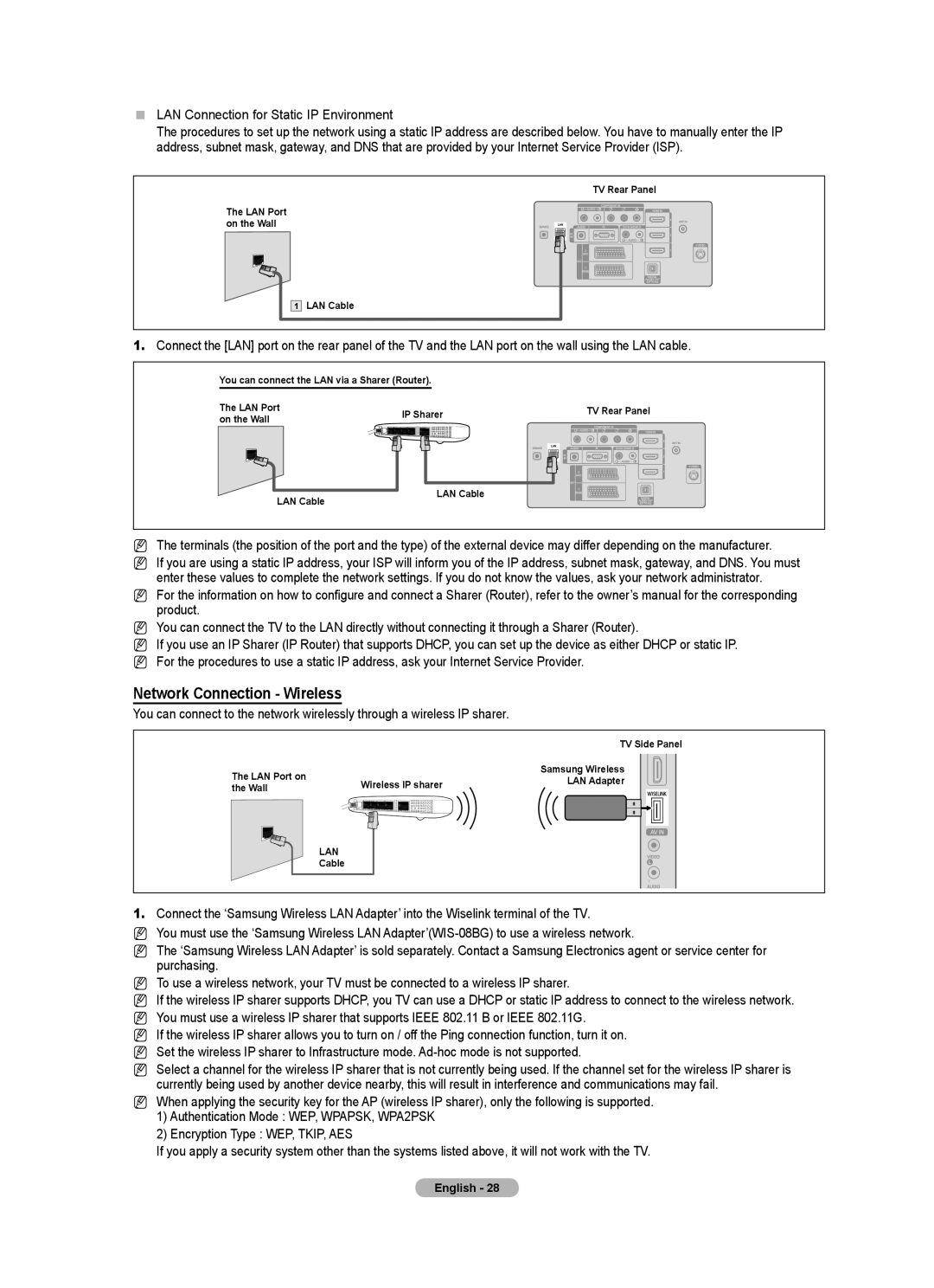 Samsung Series 8 user manual Network Connection Wireless,  LAN Connection for Static IP Environment 