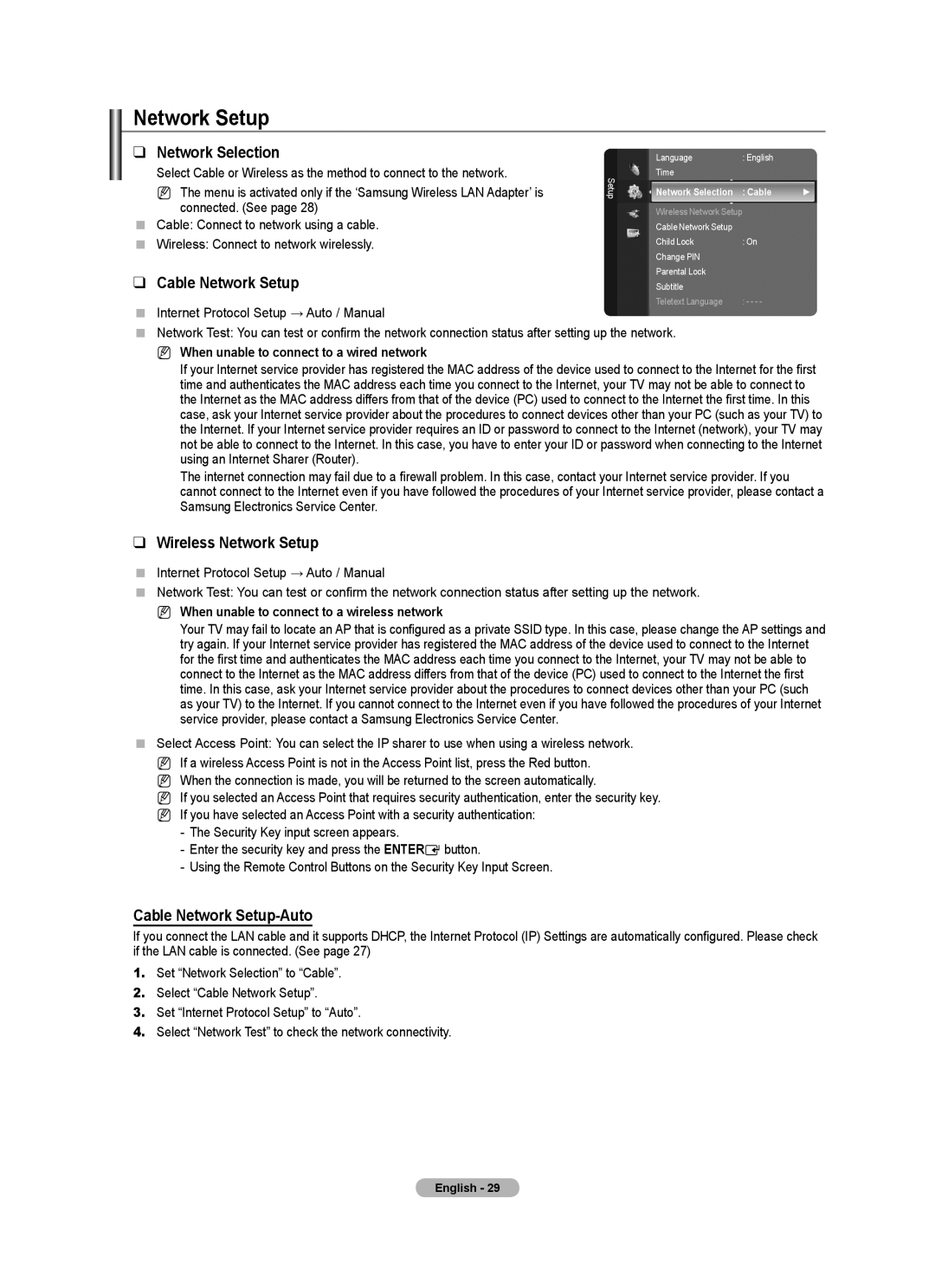 Samsung Series 8 Wireless Network Setup, Cable Network Setup-Auto, When unable to connect to a wired network 