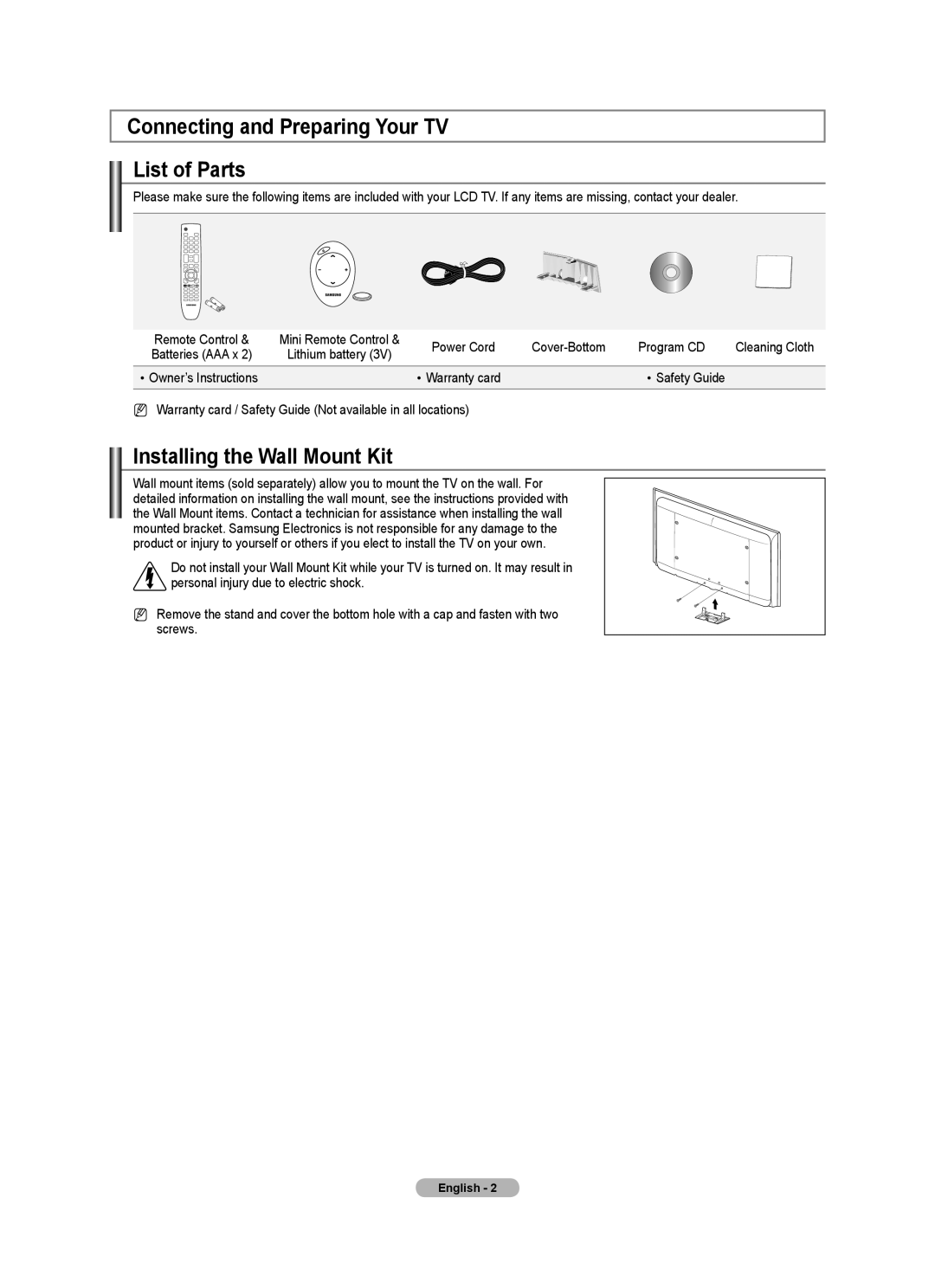 Samsung Series 8 user manual Connecting and Preparing Your TV List of Parts, Installing the Wall Mount Kit 