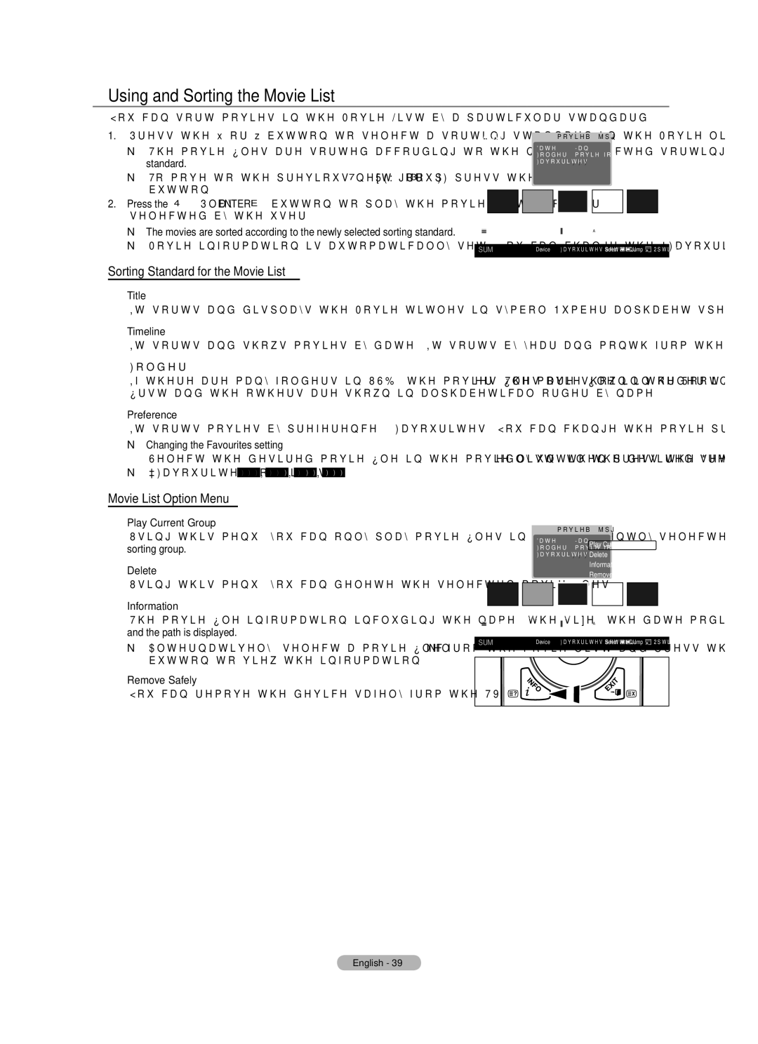 Samsung Series 8 user manual Using and Sorting the Movie List, Sorting Standard for the Movie List, Movie List Option Menu 