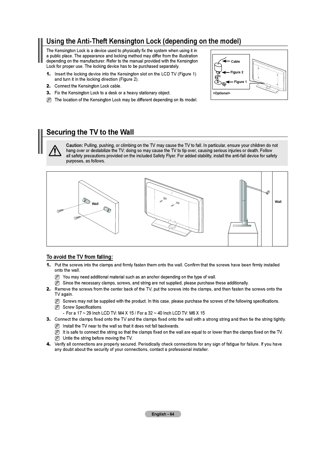 Samsung Series 8 user manual Using the Anti-Theft Kensington Lock depending on the model, Securing the TV to the Wall 