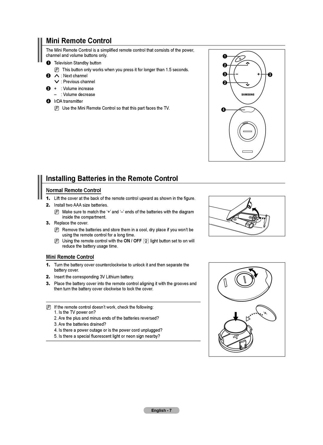 Samsung Series 8 user manual Mini Remote Control, Installing Batteries in the Remote Control, Normal Remote Control 