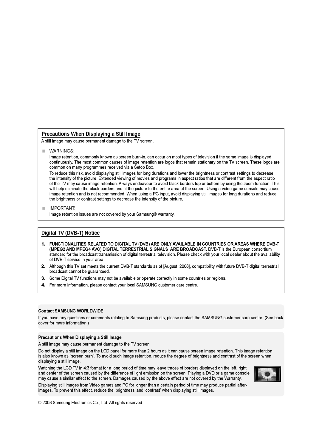 Samsung Series 9 user manual Precautions When Displaying a Still Image, Digital TV DVB-T Notice, Contact Samsung Worldwide 