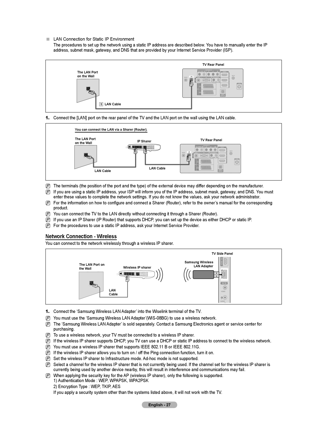 Samsung Series 9 user manual Network Connection Wireless,  LAN Connection for Static IP Environment 